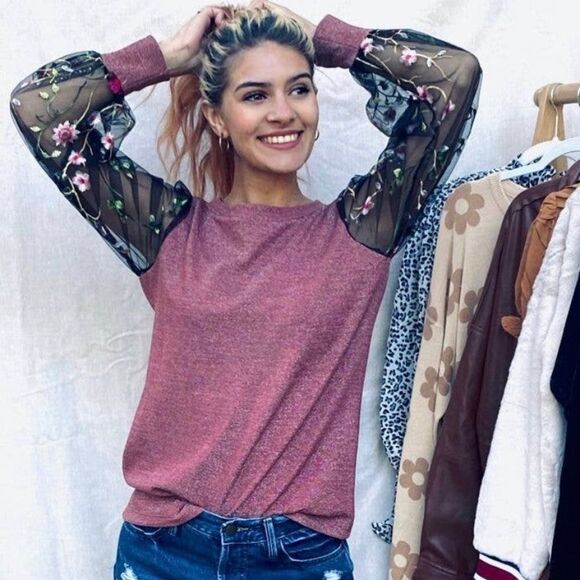 Sheer L/S Top with embroidered flowers and sparkly mauve body. - Picture 2 of 6